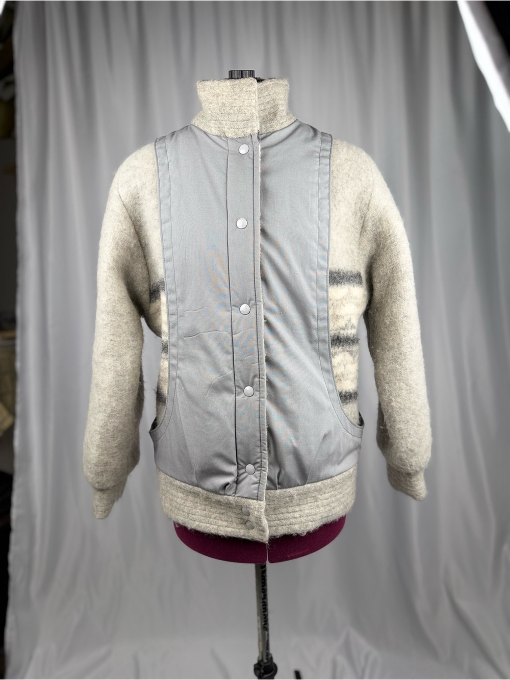 Wool-Blend Grey and Cream Bomber Jacket